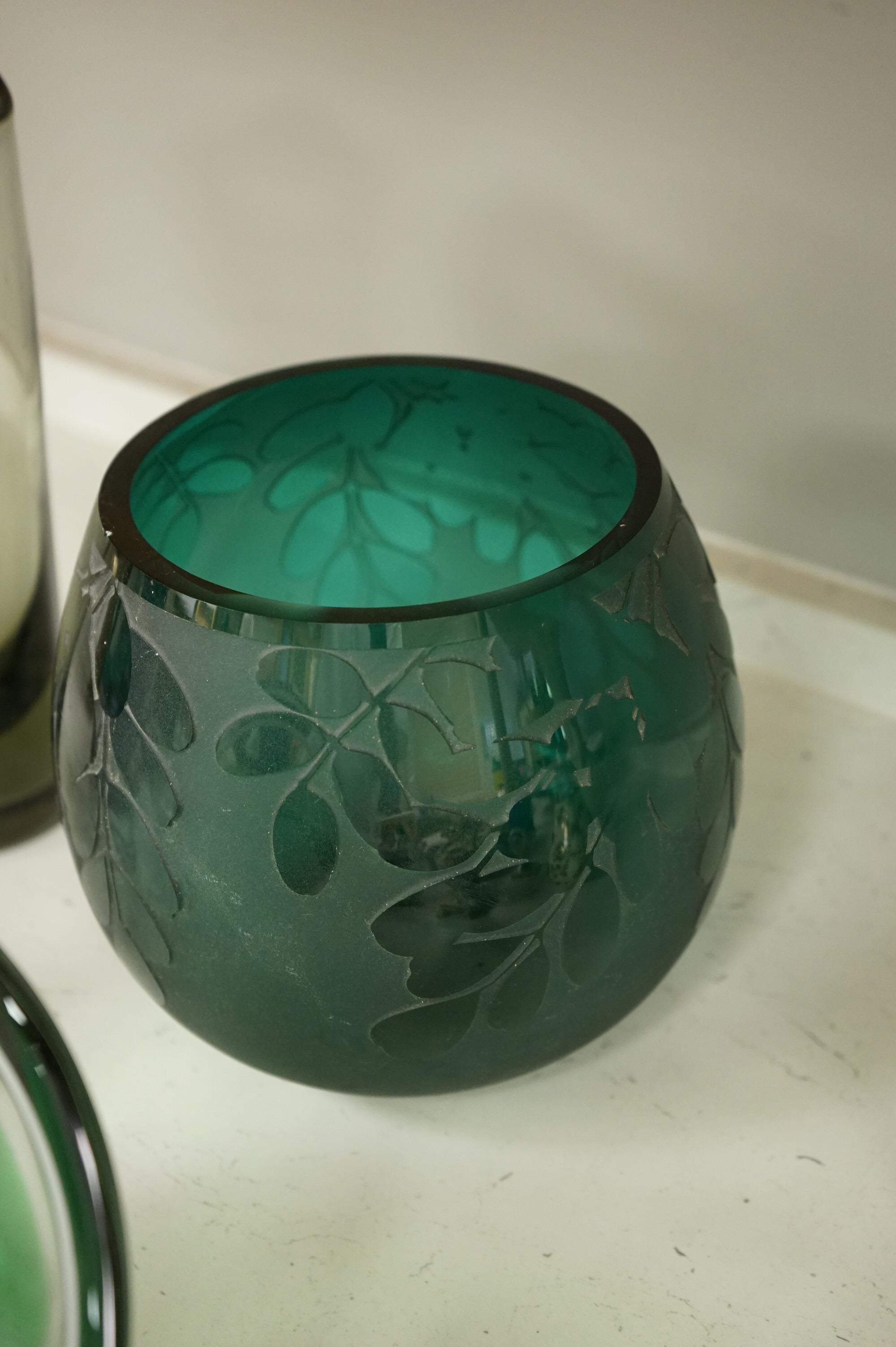 Bertil Vallien for Kosta Boda, an art glass bowl and vase, Holmegaard smoke-glass vase, Ken Benson vase and two other items, largest 31cm wide